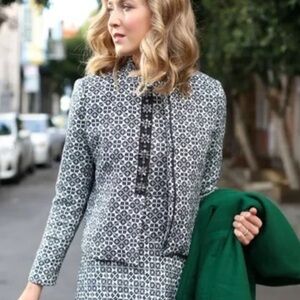 Tory Burch navy blue and ivory jacquard jacket with jewel embellishment Size 8